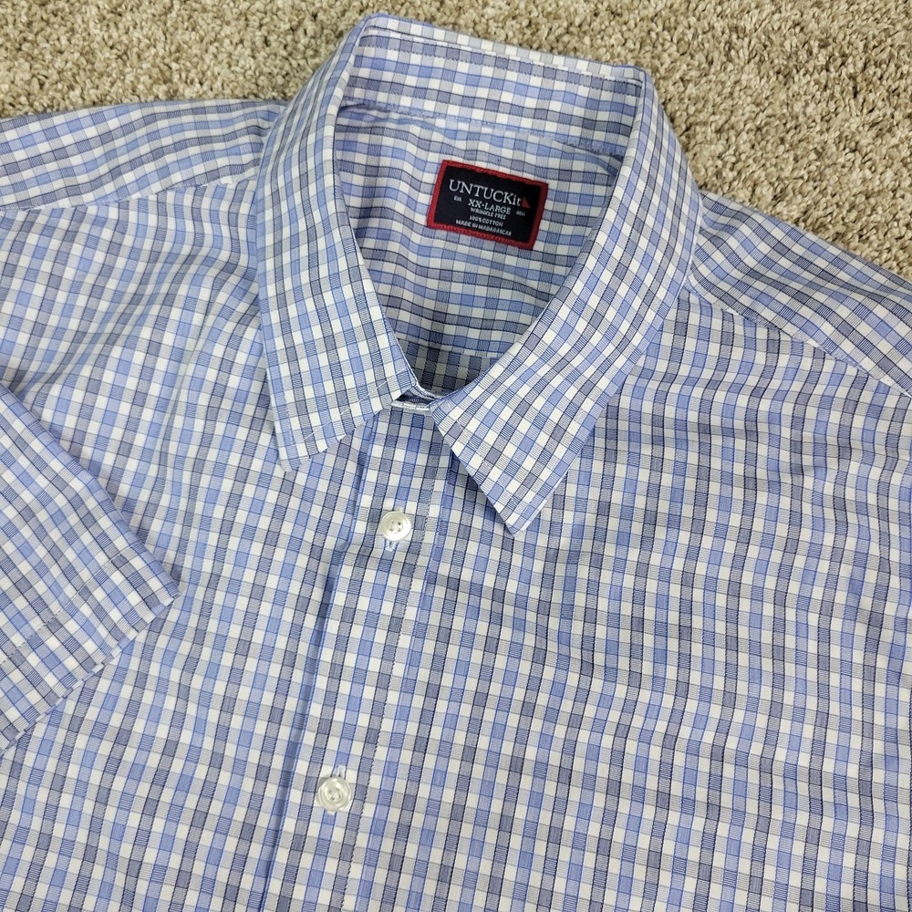 UNTUCKit Dante Plaid Short Sleeve WF Shirt XXL 2XL Regular Fit Blue & White